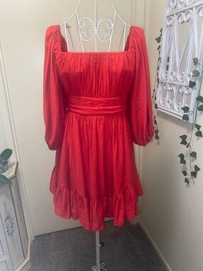 Red Square-Neck Mini Dress with Puff Sleeves